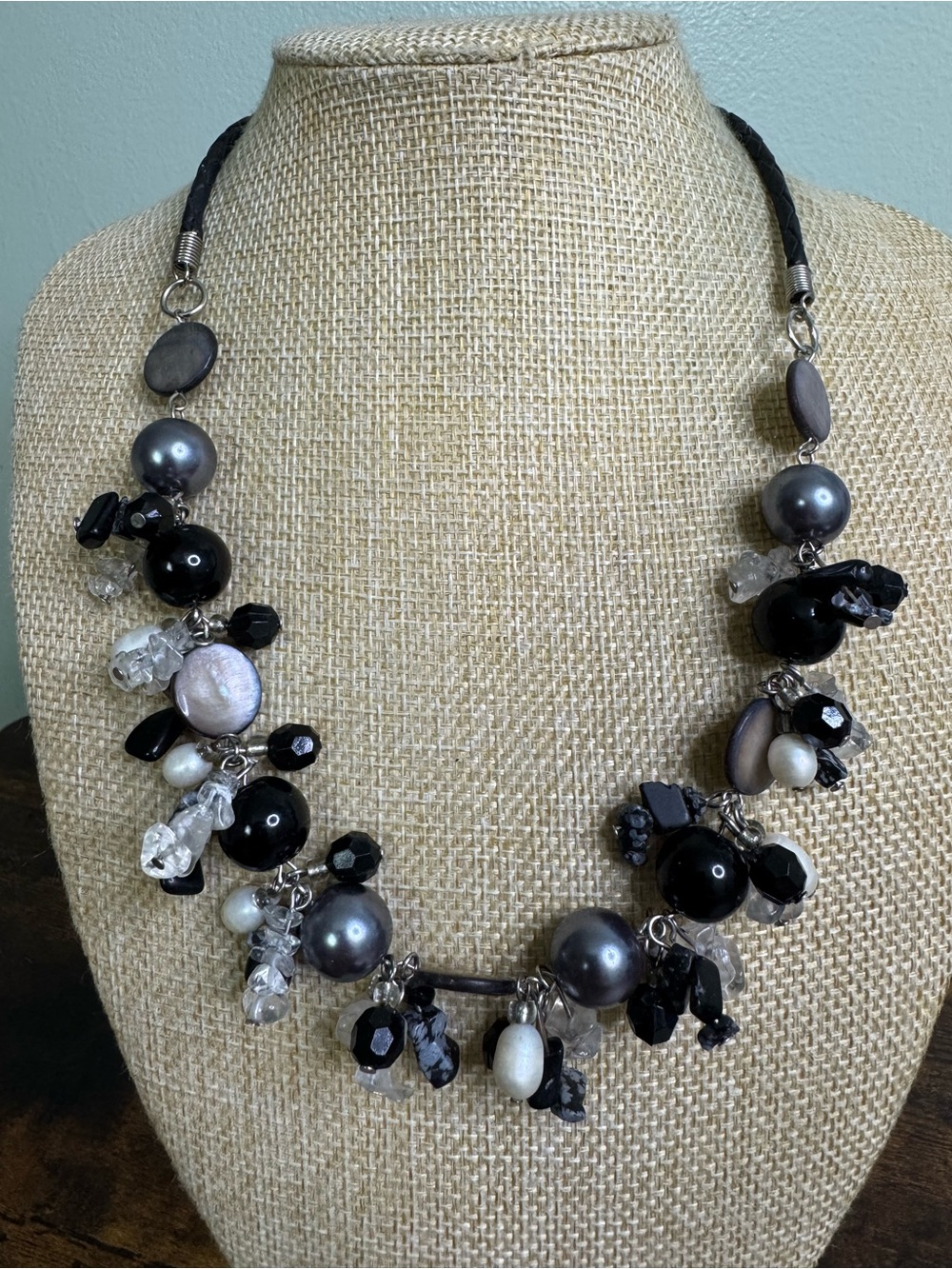 Cluster Beaded Necklace Freshwater Pearl Shell Quartz Grey Black Silver Tone